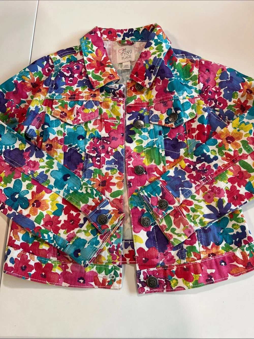 The Children's Place - 10/12, Vibrant Multi-Color Floral Denim Jacket